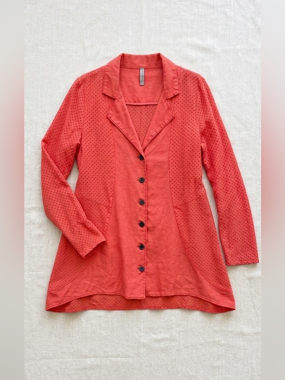 Cynthia Ashby 100% Linen Lagenlook Jacket Tunic Button Textured Coral Orange M